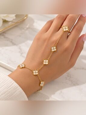Hand chain bracelet Gold and White Floral Hand Chain Bracelet - Women's Jewelry